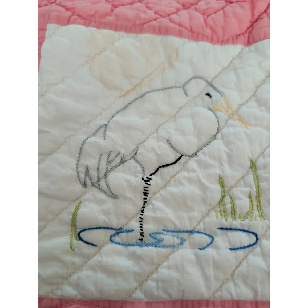 Vintage Handmade Pink & White Embroidered Patchwork Quilt w/Birds & Flowers.